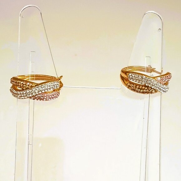 925 Pave Twisted Hoop Earrings Gold over Sterling Silver Pierced - Picture 3 of 13